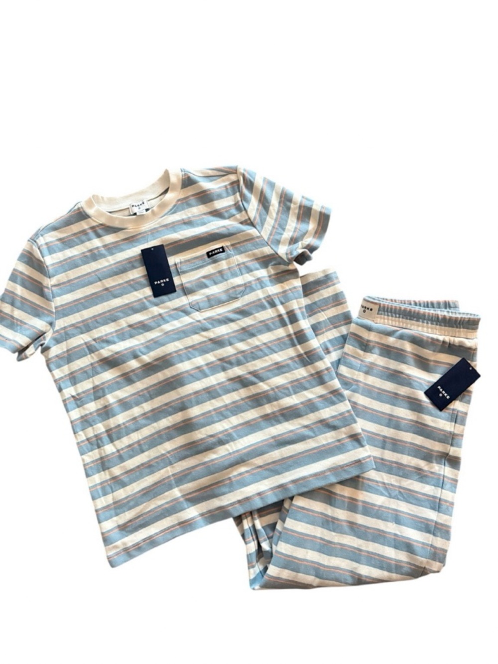 Parke Target Stripe Crewneck Pocket Boxer Knit Pants High Rise Set Blue White S